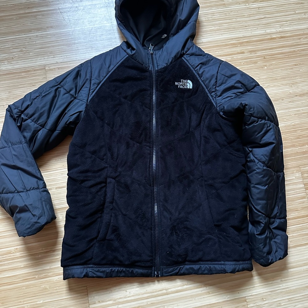 The North Face girls black reversible Hooded Fleece Jacket